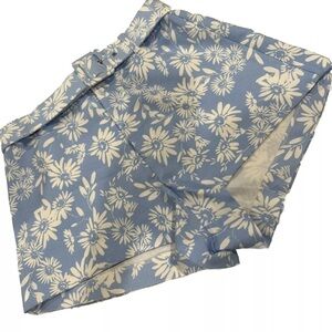 Zara Womens High Rise Shorts Size M Blue White Floral Linen Blend Belted Boho